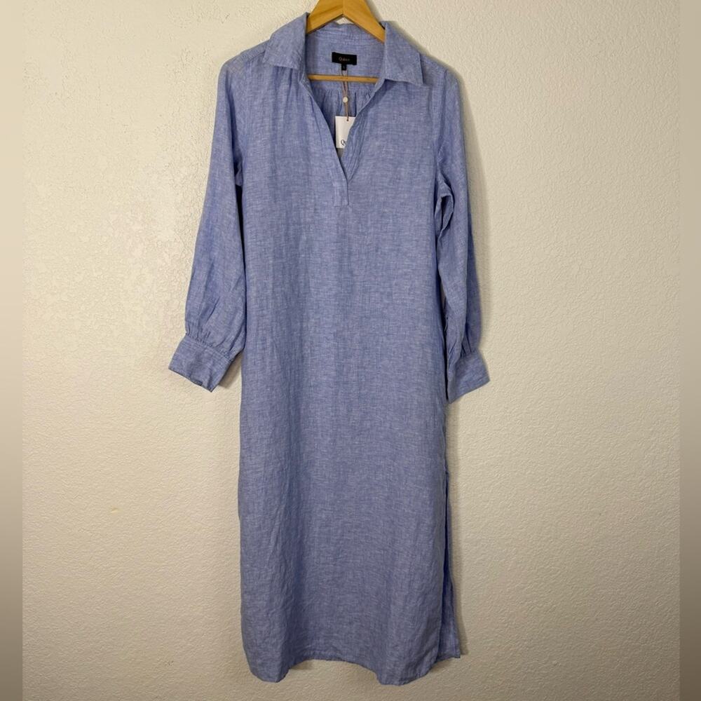 NWT Quince 100% European Linen Split Neck Maxi Dress French Blue Coastal Minimal